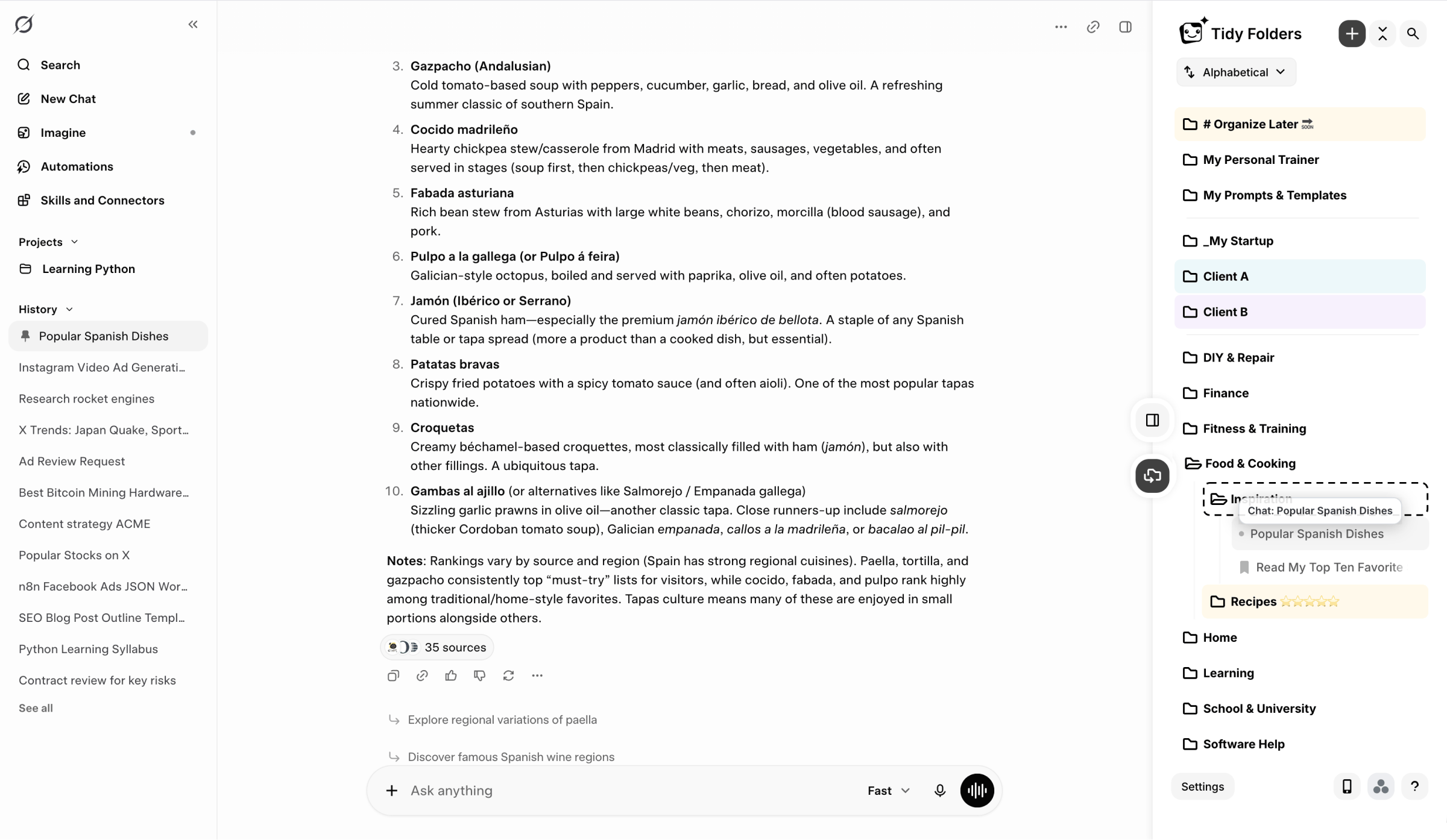 Grok Ordner mit dem Tidy-Folders-Panel: echte Ordner und Unterordner neben der Chat-Sidebar, während eine Unterhaltung in einen Unterordner gezogen wird