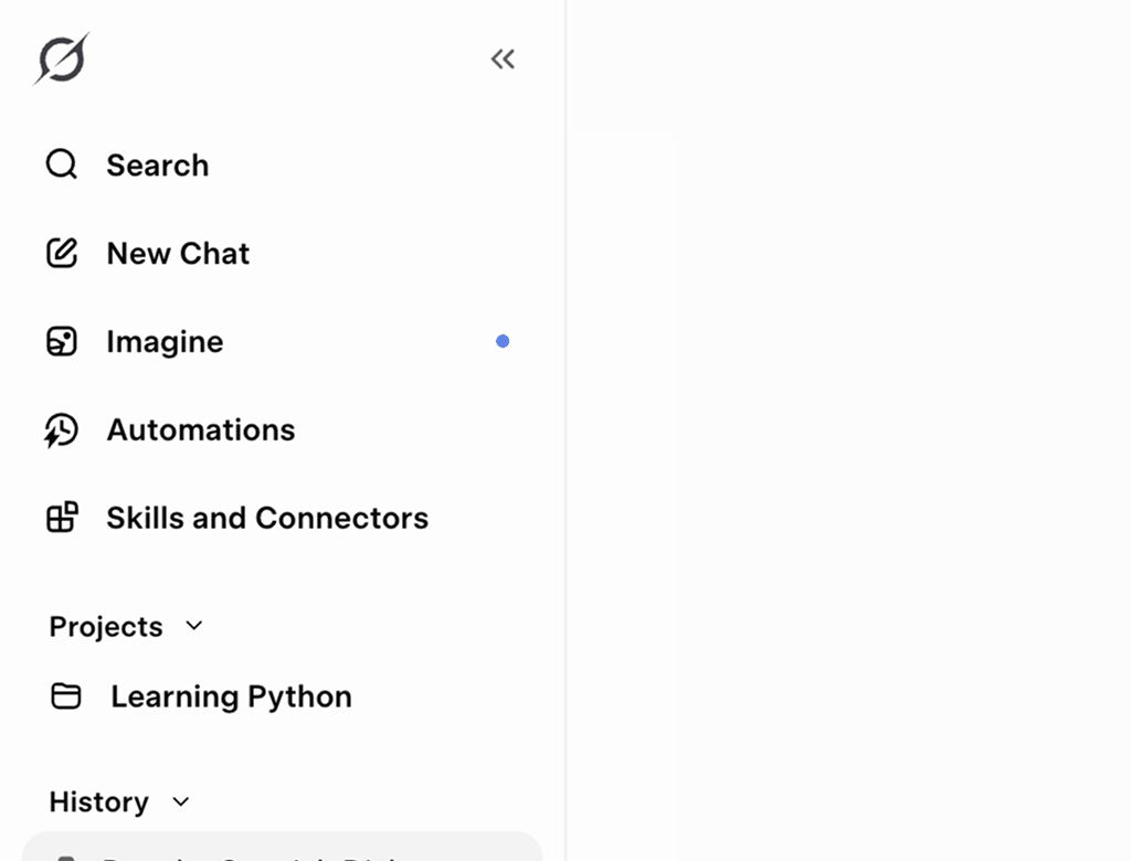 Keine Grok Ordner in der nativen Sidebar: Suche, ein Projekte-Bereich und die chronologische Historie, aber nichts, das deine Chats gruppiert