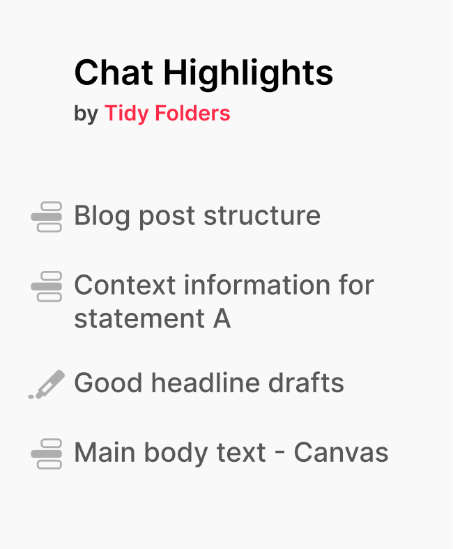Das Chat-Highlights-Panel der Grok Ordner Erweiterung: gespeicherte Highlights wie Blog post structure und Good headline drafts, jedes ein Link zurück an seine exakte Stelle im Chat
