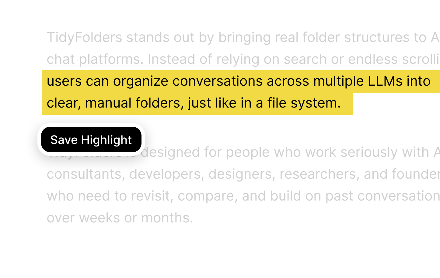 Text-Highlighting in Tidy, der Erweiterung hinter Grok Ordnern: die Schlüsselpassage einer Antwort gelb markiert, daneben der Save-Highlight-Button